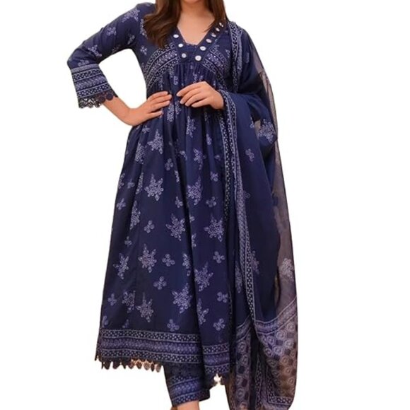 Women Printed Anarkali Kurta and Pant Set with Dupatta - Picture 1 of 6